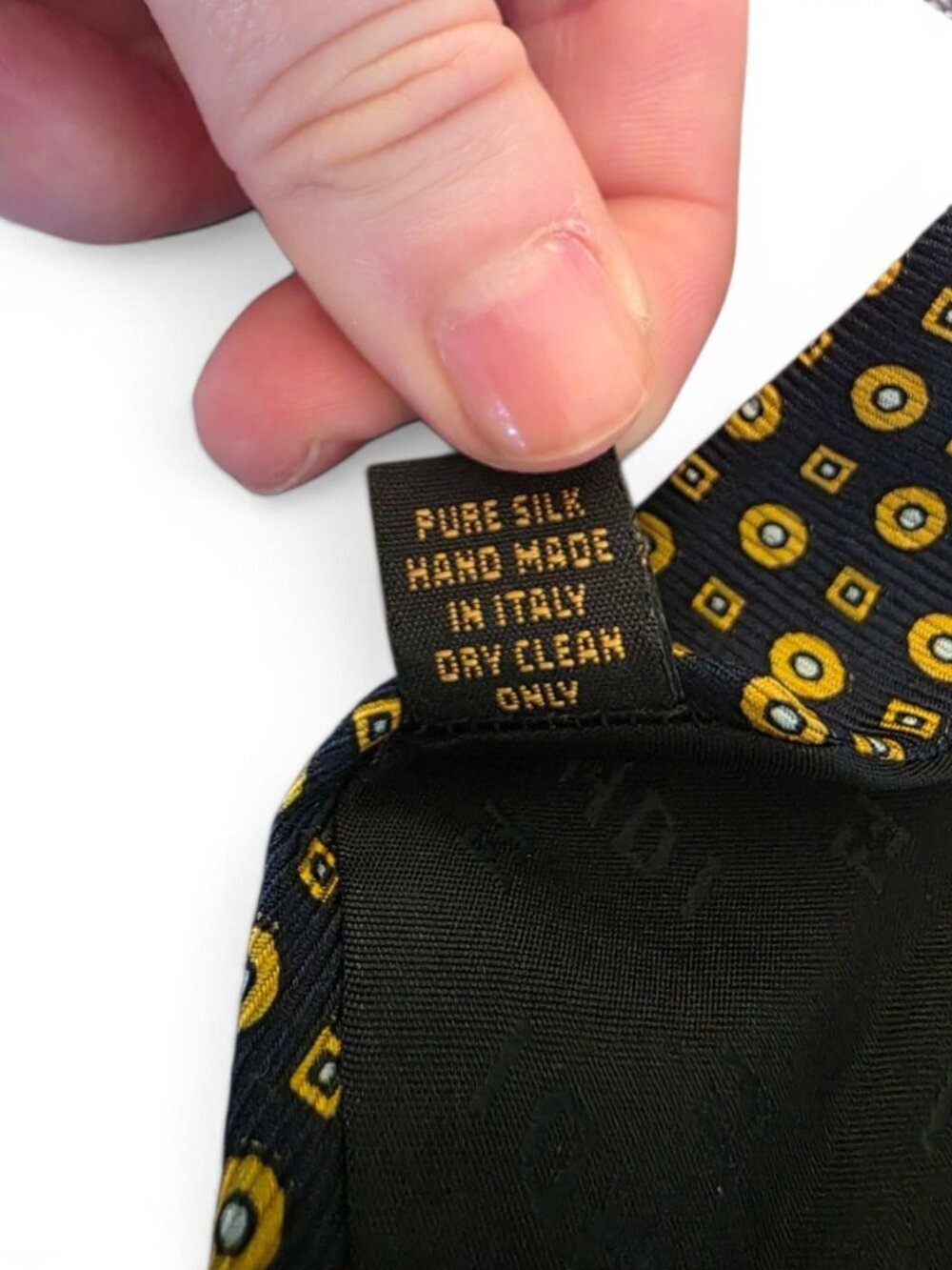 Fendi Cravatte Silk Tie Black Yellow Geometric Medallion Italy Designer Necktie - Picture 9 of 16